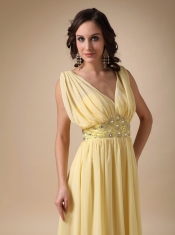 V Neck Yellow Chiffon Top Designer Prom Dress