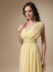 V Neck Yellow Chiffon Top Designer Prom Dress