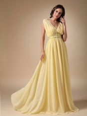 V Neck Yellow Chiffon Top Designer Prom Dress