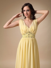 V Neck Yellow Chiffon Top Designer Prom Dress