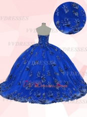 Elegant Royal Blue 3D Flowers Applique Decorate Sweet 16 Quinceanera Ball Gown Designer New