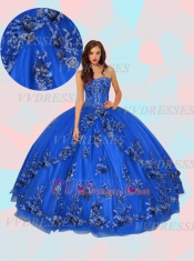 Elegant Royal Blue 3D Flowers Applique Decorate Sweet 16 Quinceanera Ball Gown Designer New