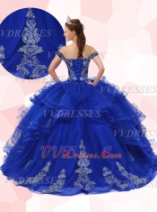 Latin & Mexico Girl Womanhood Ceremony Quince Ball Gown Royal Blue Off Shoulder Tulle Ruffles