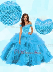 Off Shoulder V-Shaped Dropped Waist Ruffles With High Applique Quinceanera Ball Gown 2020