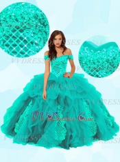 Off Shoulder V-Shaped Dropped Waist Ruffles With High Applique Quinceanera Ball Gown 2020