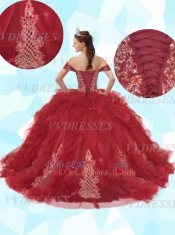 Off Shoulder V-Shaped Dropped Waist Ruffles With High Applique Quinceanera Ball Gown 2020