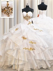 Crossed Layers Puffy Skirt White College Quinceanera Birthday Gown Gold Details