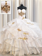 Crossed Layers Puffy Skirt White College Quinceanera Birthday Gown Gold Details