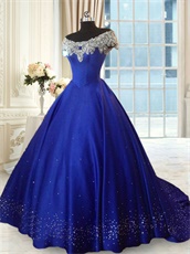 Off Shoulder Scoop Royal Blue Thick Satin Prom Ball Gown Silver Beadwork Hemline