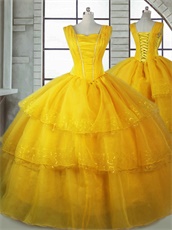 Square Three Layers Organza Beauty and The Beast Theme Cake Quinceanera Ball Gown