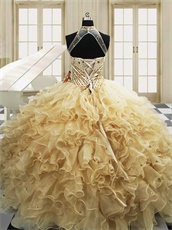 Pretty Halter Champagne Organza Thick Ruffles Quinceanera Court Military Ball Gown Lady