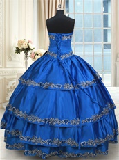 Royal Blue Western Quinceanera Gown Cake Layers Skirt Silver Embroidery Edge