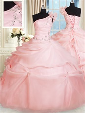 One Shoulder Falbala Strap Blush Puffy Simple Quinceanera Ball Gown At Discount