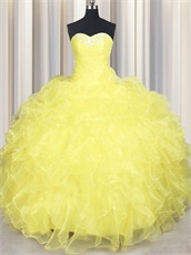 Brilliant Rape Flower Yellow Organza Ruffles Vestidos de Quinceanera Gown Cheap Online