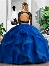 Black Lace Top Royal Blue Elastic Mesh Tape Ribbon Ruffles Bottom Two Pieces Ball Gown