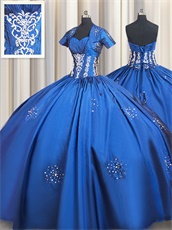 Latest Royal Blue Flat Satin Silver Embroidery Court Ball Gown With Jacket