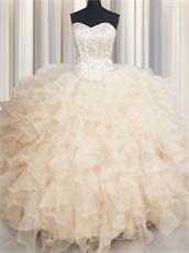 Pearl Champagne Dense Ruffles Tapes Beadwork Bodice Ball Gown For Military Meeting