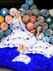 Western Style White and Royal Blue Quinceanera Gowns Set Ball Gown/Flower Girl/Doll