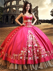 Fuchsia Flat Satin Western Embroidery Quinceanera Gown Gold Organza Hemline