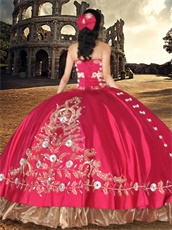 Fuchsia Flat Satin Western Embroidery Quinceanera Gown Gold Organza Hemline