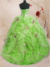 Exclusive Fluffy Bubble Train Spring Green Quinceanera Ball Gown With Lilac Details