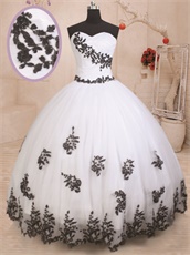 Sweetheart Princess Quinceanera Celebrity Pageant White Mesh Ball Gown Black Details