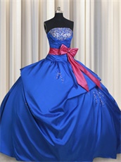 Puffy Royal Blue Taffeta Stage Quinceaner Court Gown With Fuchsia Bowknot