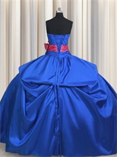 Puffy Royal Blue Taffeta Stage Quinceaner Court Gown With Fuchsia Bowknot
