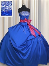 Puffy Royal Blue Taffeta Stage Quinceaner Court Gown With Fuchsia Bowknot