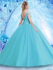 Off Shoulder Flat Pin-tuck Tulle Ice Blue Vivacious Quinceanera Ball Gown 2019