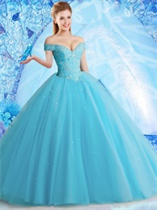 Off Shoulder Flat Pin-tuck Tulle Ice Blue Vivacious Quinceanera Ball Gown 2019