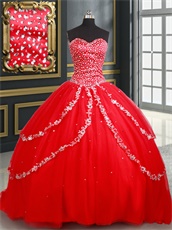 Symmetrical Applique Edge Cover Layers Red Corset Quinceanera Ball Gown Little Train