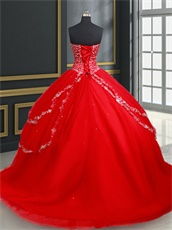 Symmetrical Applique Edge Cover Layers Red Corset Quinceanera Ball Gown Little Train