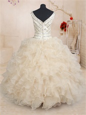 Website Online Safety Champagne Organza Quinceanera Gown Fully Beadwork V-Neck Bodice