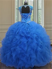 Square Cover Shoulder Royal Blue Quinceanera Event Gown Heart Shaped Cut-Out Back