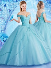 Off Shoulder Fluffy Ice Blue Mesh Ball Gown For Quinceanera Ceremony Girl Wear