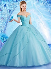 Off Shoulder Fluffy Ice Blue Mesh Ball Gown For Quinceanera Ceremony Girl Wear