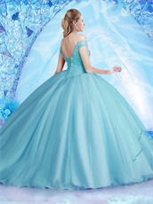 Off Shoulder Fluffy Ice Blue Mesh Ball Gown For Quinceanera Ceremony Girl Wear
