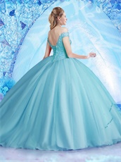 Off Shoulder Fluffy Ice Blue Mesh Ball Gown For Quinceanera Ceremony Girl Wear