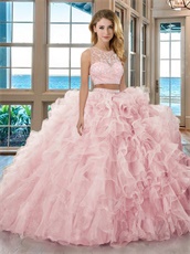 Separated Top Bottom Two Pieces Set Pink Organza and Sparkle Mesh Quinceanera Ball Gown