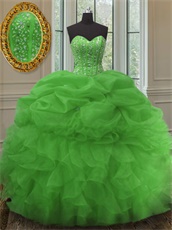 Spring Green Organza Puffy Court Ball Gown Silver Beadwork Bodice With Tape Strips