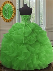 Spring Green Organza Puffy Court Ball Gown Silver Beadwork Bodice With Tape Strips