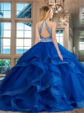 Royal Blue Elastic Horsehair Ruffles Two Pieces Show Wasit Court Ball Gown Top Seller