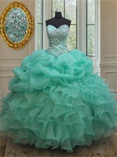 Mint Green Organza Dropped V Waistline Military Party Ball Gown Puffy With Slip