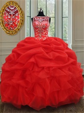 Extraordinary Scoop Bubble and Ruffles Red Organza Ball Gown Sweet Sixteen