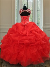 Extraordinary Scoop Bubble and Ruffles Red Organza Ball Gown Sweet Sixteen