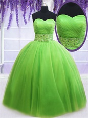 Spring Green Beadwork Belt Flat Tulle Quince Evening Ball Gown With Bowknot Back