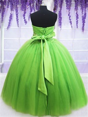 Spring Green Beadwork Belt Flat Tulle Quince Evening Ball Gown With Bowknot Back