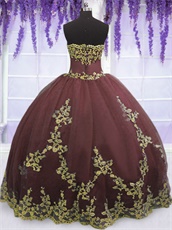 Strapless Floor Length Burgundy Quinceanera Court Ball Gown With Gold Applique