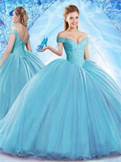 Off Shoulder Fluffy Flat Ice Blue Quinceanera Ball Gown 3 Pieces Detachable